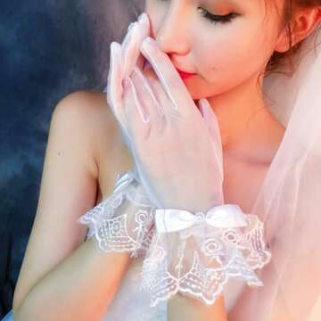 R STAR Floral Short Lace Gloves, Women Wrist Length Gloves for Wedding(B)