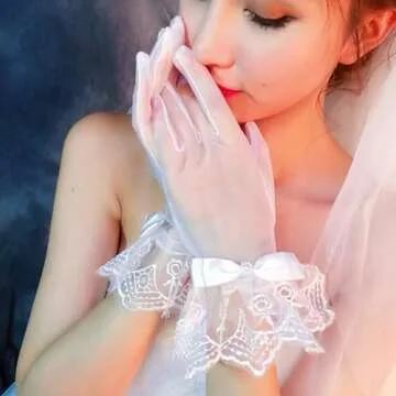 R STAR Floral Short Lace Gloves, Women Wrist Length Gloves for Wedding(B)