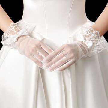 R STAR Floral Short Lace Gloves, Women Wrist Length Gloves for Wedding(B)