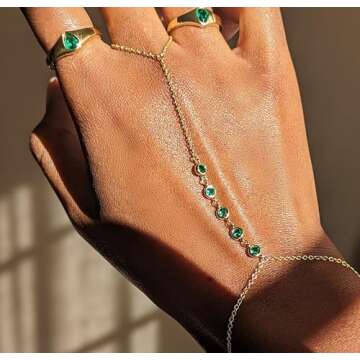Faire de la Mode 5 Emerald CZ Gold Bracelet Ring Hand Chain for 4-9 Ring Sizes – May Birthstone No...
