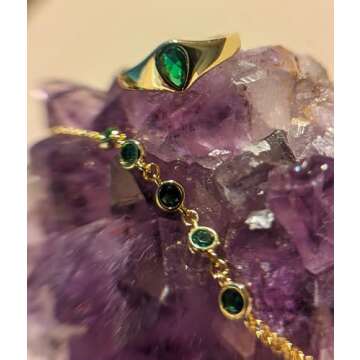 Faire de la Mode 5 Emerald CZ Gold Bracelet Ring Hand Chain for 4-9 Ring Sizes – May Birthstone Non-Tarnish 14k Gold Hand Chain Bracelet for Women – 6" to 8" Length