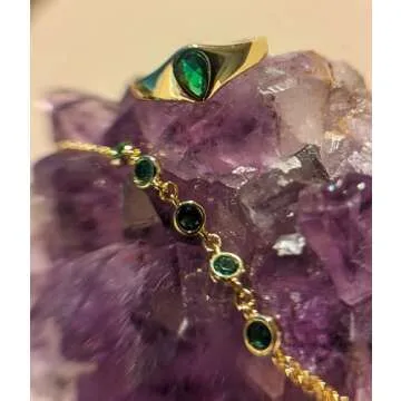 Faire de la Mode 5 Emerald CZ Gold Bracelet Ring Hand Chain for 4-9 Ring Sizes – May Birthstone Non-Tarnish 14k Gold Hand Chain Bracelet for Women – 6" to 8" Length