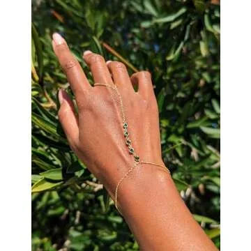 Faire de la Mode 5 Emerald CZ Gold Bracelet Ring Hand Chain for 4-9 Ring Sizes – May Birthstone Non-Tarnish 14k Gold Hand Chain Bracelet for Women – 6" to 8" Length