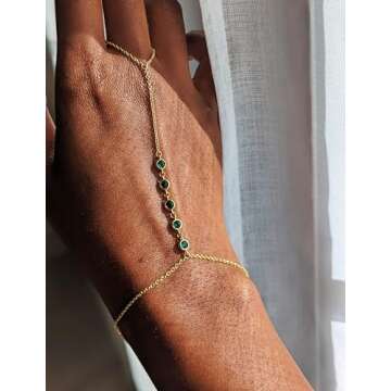 Faire de la Mode 5 Emerald CZ Gold Bracelet Ring Hand Chain for 4-9 Ring Sizes – May Birthstone Non-Tarnish 14k Gold Hand Chain Bracelet for Women – 6" to 8" Length