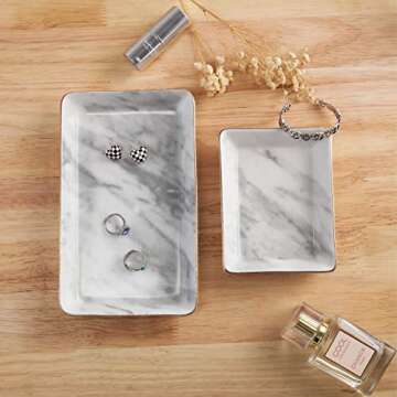Jewelry Dish Tray Set of 2 Large Capacity Trinket Dish for Rings Earrings Necklaces Bracelet Watch Keys, Marble Jewelry Tray, Key Dish, Birthday Gifts for Women