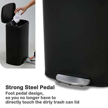 50L Stainless Steel Kitchen Trash Can with Lid, Foot Pedal, Plastic Bucket, Soft Close Lid, Fingerprint Resistant, Odor Proof, Black