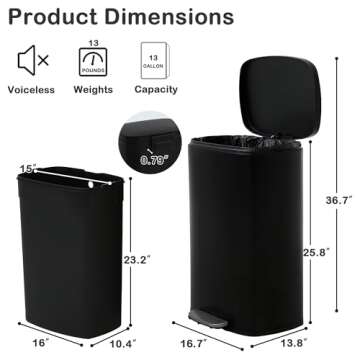 50L Stainless Steel Kitchen Trash Can with Lid, Foot Pedal, Plastic Bucket, Soft Close Lid, Fingerprint Resistant, Odor Proof, Black