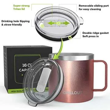 CHILLOUT LIFE Stainless Steel 16 oz - Vacuum Insulated Coffee Mug with Handle and Lid, Large Thermal Camping Coffee Mug Cup with Durable Sliding Lid for Women - Rose Gold