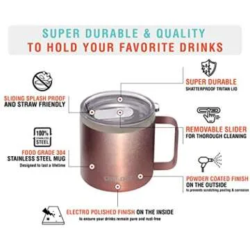 CHILLOUT LIFE Stainless Steel 16 oz - Vacuum Insulated Coffee Mug with Handle and Lid, Large Thermal Camping Coffee Mug Cup with Durable Sliding Lid for Women - Rose Gold