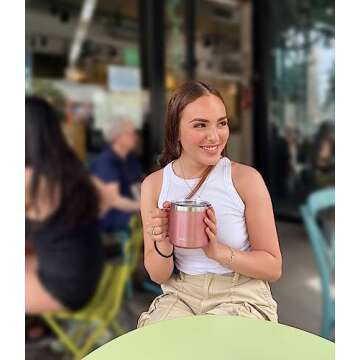 CHILLOUT LIFE Stainless Steel 16 oz - Vacuum Insulated Coffee Mug with Handle and Lid, Large Thermal Camping Coffee Mug Cup with Durable Sliding Lid for Women - Rose Gold
