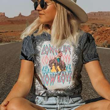Long Live Cowboys Shirts Women Cowboy Shirts Letters Print Western Vintage Graphic Tees Country Music Shirts Tee(P4-M)