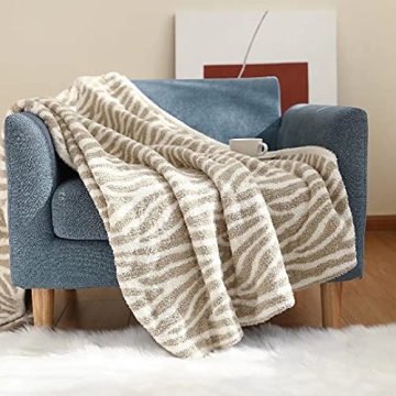 GY Luxury Sage Green Throw Blanket Knitted Ultra Soft Stripes Beige Blanket Zebra Pattern Air Feel Cozy Warm for Bed Sofa Couch in All Seasons