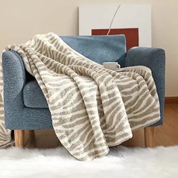 GY Luxury Sage Green Throw Blanket Knitted Ultra Soft Stripes Beige Blanket Zebra Pattern Air Feel Cozy Warm for Bed Sofa Couch in All Seasons