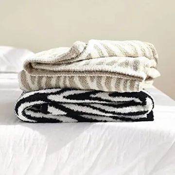 GY Luxury Sage Green Throw Blanket Knitted Ultra Soft Stripes Beige Blanket Zebra Pattern Air Feel Cozy Warm for Bed Sofa Couch in All Seasons