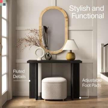 Fluted Console Table - Small Entry Desk for Narrow Spaces - Modern, Mid-Century Home Decor - Living Room Furniture - Solid Wood Entryway Table - Fluted Cross Bass and Rectangular Top (Black)