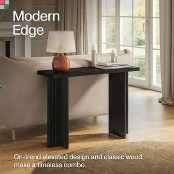Fluted Console Table - Small Entry Desk for Narrow Spaces - Modern, Mid-Century Home Decor - Living Room Furniture - Solid Wood Entryway Table - Fluted Cross Bass and Rectangular Top (Black)