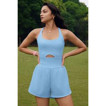 ReachMe Womens Running Onesie Workout Rompers Athletic Romper One Piece Outfits Exercise Jumpsuits Gym Yoga Clothes(0 Light Blue,M)