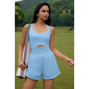 ReachMe Womens Running Onesie Workout Rompers Athletic Romper One Piece Outfits Exercise Jumpsuits Gym Yoga Clothes(0 Light Blue,M)