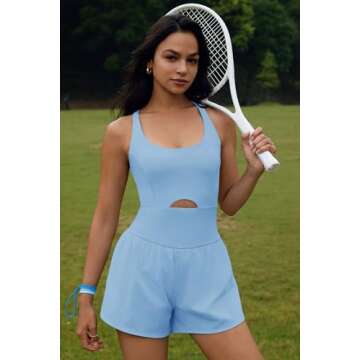 ReachMe Womens Running Onesie Workout Rompers Athletic Romper One Piece Outfits Exercise Jumpsuits Gym Yoga Clothes(0 Light Blue,M)