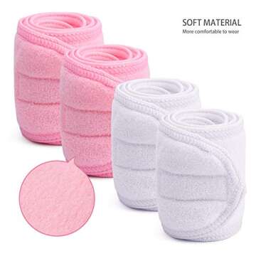 Spa Yoga Headband for Women, Terry Cloth Sports Headband with Wide Elastic, Stretch Towel Scarf Facial Head Wrap for Washing Making Up Bath - (Pink White) 4pack