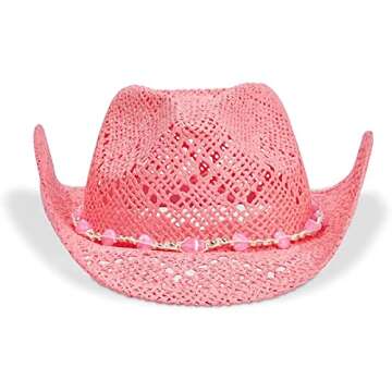 Zodaca Pink Cowgirl Hat - Cute Straw Beach Hat with Heart