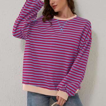 Free People Dupe Women's Oversized Striped Crew Neck Long Sleeve Sweatshirt, Pink, Size S