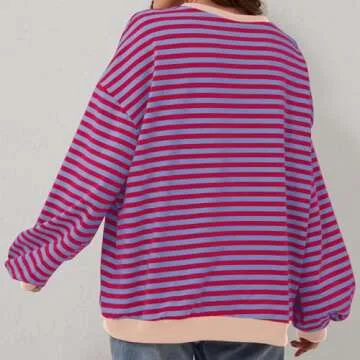 Free People Dupe Women's Oversized Striped Crew Neck Long Sleeve Sweatshirt, Pink, Size S
