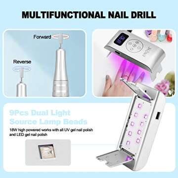 JOSLOVE Electric Nail Drill with Nail Lamp, 35000RPM Rechargeable Portable Electric Nail File for Home Salon Manicure Pedicure White