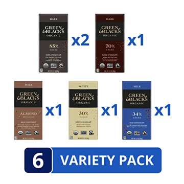 Green & Black’s Organic Chocolate Gift Set (85% Dark Chocolate, 70% Dark Chocolate, Milk Chocolate, Milk Chocolate with Almonds, and White Chocolate), 6 - 3.17 oz Bars