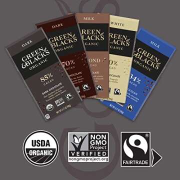 Green & Black’s Organic Chocolate Gift Set (85% Dark Chocolate, 70% Dark Chocolate, Milk Chocolate, Milk Chocolate with Almonds, and White Chocolate), 6 - 3.17 oz Bars