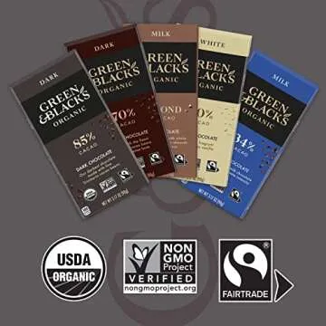 Green & Black’s Organic Chocolate Gift Set (85% Dark Chocolate, 70% Dark Chocolate, Milk Chocolate, Milk Chocolate with Almonds, and White Chocolate), 6 - 3.17 oz Bars