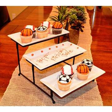 Partito Bella 3 Tier Swiveling Plate Rack Stand Including Three 12x6 Pro-Grade Porcelain Platters for Presentations of Any Kind – Thicker Sturdier Collapsible Stand and Stackable Platters