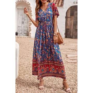 PRETTYGARDEN Women's Casual Summer Boho Floral Print Dress V Neck Short Sleeve High Waist Long Maxi ...