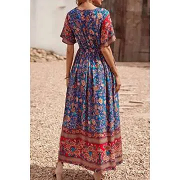 PRETTYGARDEN Women's Casual Summer Boho Floral Print Dress V Neck Short Sleeve High Waist Long Maxi Beach Dresses (A-Blue,Medium)