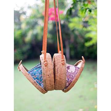 Bali Harvest Round Woven Ata Rattan Bag with Genuine Leather Strap