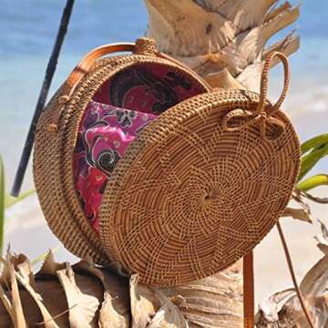 Bali Harvest Round Woven Ata Rattan Bag with Genuine Leather Strap