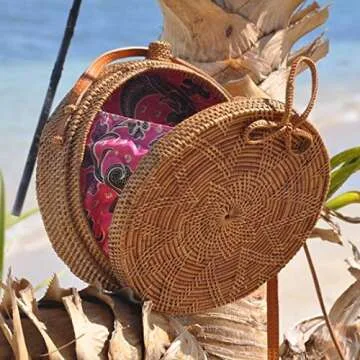 Bali Harvest Round Woven Ata Rattan Bag with Genuine Leather Strap