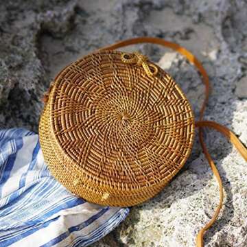 Bali Harvest Round Woven Ata Rattan Bag with Genuine Leather Strap