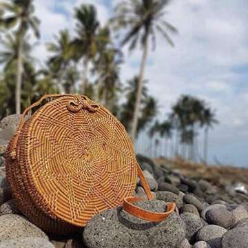 Bali Harvest Round Woven Ata Rattan Bag with Genuine Leather Strap