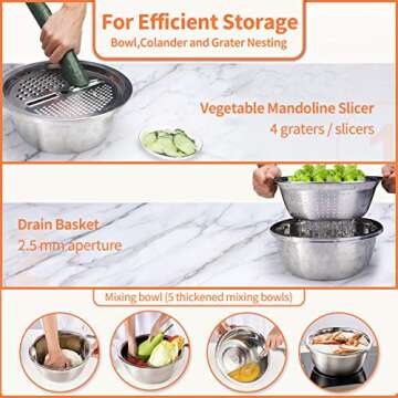 (set of 7) Multifunctional Stainless Steel Basin Grater - Salad Cutter Bowl-4 in 1 Julienne Slicer, ...