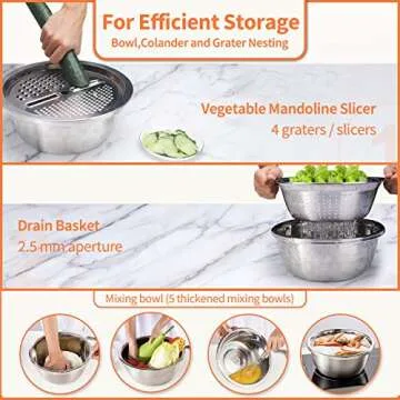 Multifunctional 7-in-1 Kitchen Set: Elegant Stainless Steel Grater and Colander for Effortless Food ...