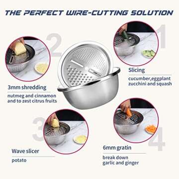 (set of 7) Multifunctional Stainless Steel Basin Grater - Salad Cutter Bowl-4 in 1 Julienne Slicer, Multifunctional Stainless Steel Colander Drain Basket for Cooking, Prepping, Food Storage