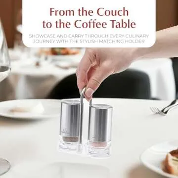 Salt and Pepper Shakers with Holder - Elegant Stainless Steel Salt Shaker and Pepper Shaker Set with Acrylic Holder for Kitchen Counter or Restaurant Table