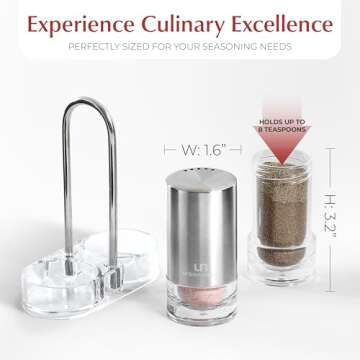 Salt and Pepper Shakers with Holder - Elegant Stainless Steel Salt Shaker and Pepper Shaker Set with Acrylic Holder for Kitchen Counter or Restaurant Table