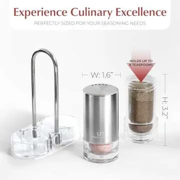 Salt and Pepper Shakers with Holder - Elegant Stainless Steel Salt Shaker and Pepper Shaker Set with Acrylic Holder for Kitchen Counter or Restaurant Table