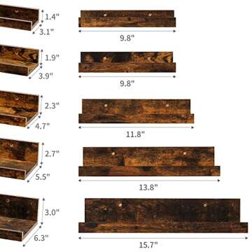 Upsimples Home Floating Shelves for Wall Decor Storage, Wall Shelves Set of 5, Wall Mounted Wood Shelves for Bedroom, Living Room, Bathroom, Kitchen, Small Picture Ledge Shelves, Brown
