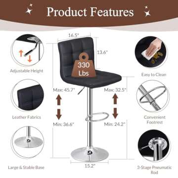 ZENY Set of 4 Adjustable Swivel Barstools, Modern PU Leather Kitchen Counter Bar Stools, Square Back Bar Stool