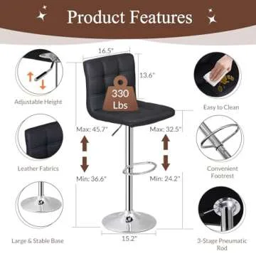 ZENY Set of 4 Adjustable Swivel Barstools, Modern PU Leather Kitchen Counter Bar Stools, Square Back Bar Stool