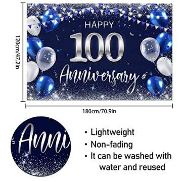 Happy 100th Anniversary Backdrop Banner Decor Navy Blue – Silver Glitter Happy 100 Years Wedding A...