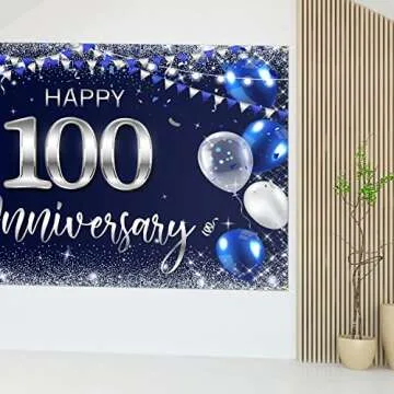 Happy 100th Anniversary Backdrop Banner Decor - Navy Blue